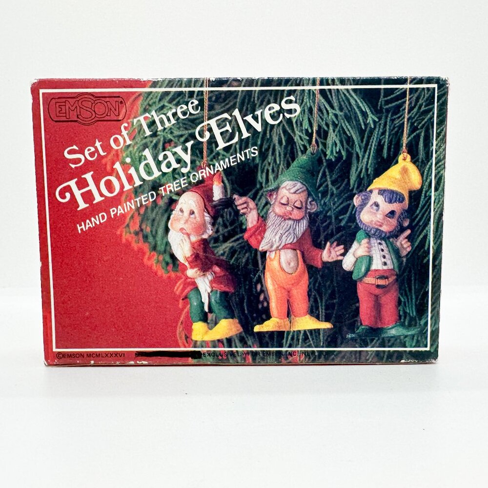 Vintage Emson Christmas Elf Ornament Set Hand Painted Silly Holiday Tree Retro